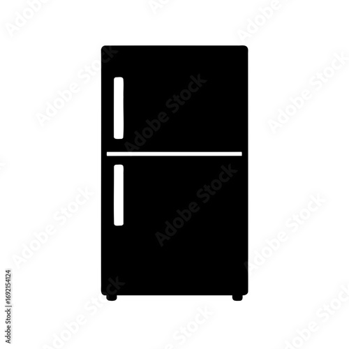 Sleek black refrigerator with two doors and minimalist design on white background