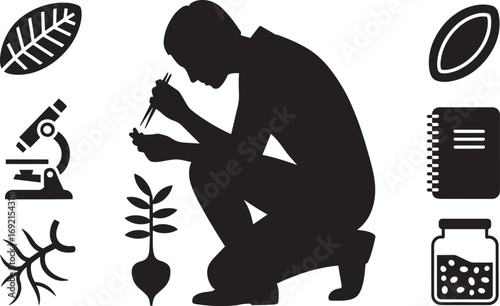 Botanist Silhouette Examining Plant Specimen with Scientific Tools on Transparent Backdrop