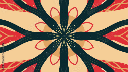 Seamless pattern with mandala shape. Vintage colored floral decorative repainting background with boho chic style and ethnic motifs. Abstract geometric flower with round symmetry.