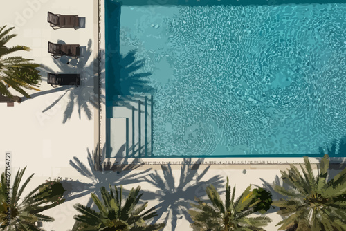 Aerial view of a pristine swimming pool surrounded by lush palm trees casting shadows on a sunny day, creating a tranquil resort oasis.