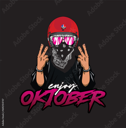 Vector illustration of a stylish biker wearing a red helmet, sunglasses, and a bandana mask, showing peace hand signs with the text "Enjoy Oktober" in bold typography. Perfect for streetwear, posters,