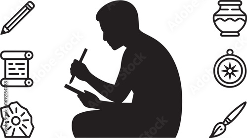 Historian Silhouette Documenting Findings with Tools on Transparent Background