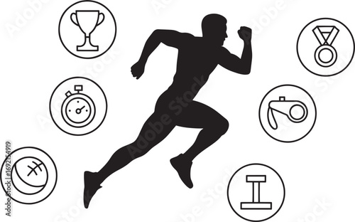 Runner Sprinting with Sports Achievement Icons Representing Success and Dedication in Sport
