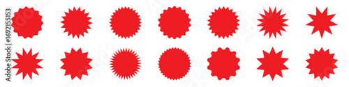 Vector illustration of silhouette blank for sicker, label, tag, badge, stamp, etc. Set of Zig zag wavy edge red starburst circle shapes icon. Red color classic abstract elements with jagged edges.	