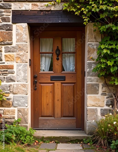 Rustic wooden door in stone walls