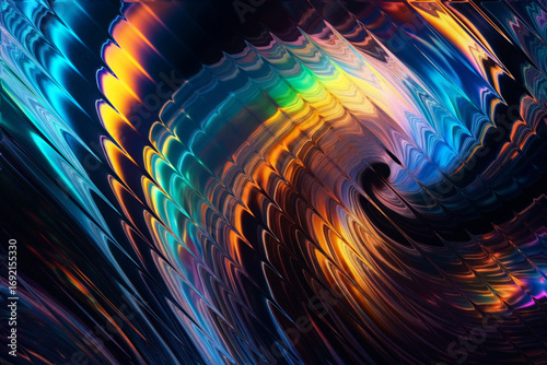 A vibrant abstract fractal background of a swirling vortex, with a dynamic mix of iridescent colors and sharp, feathered textures.