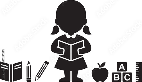 Silhouette of a Girl Reading a Book with School Icons on Transparent Background Vector