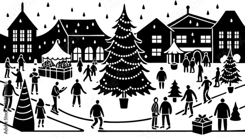 Black and white illustration of a festive christmas market scene with people shopping and enjoying the holiday atmosphere under falling snow