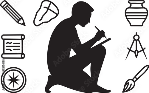 Silhouette of an Artist at Work Surrounded by Creative Tools on a Transparent Backdrop
