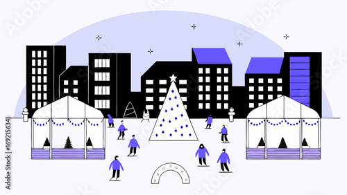 Stylized illustration of a winter city scene with a decorated christmas tree and people enjoying a festive market