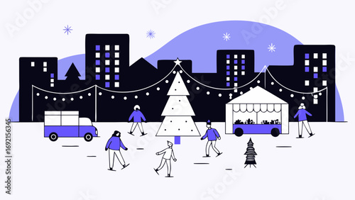 Charming flat illustration of a winter city scene with people ice skating around a christmas tree and market stall