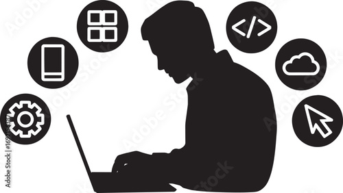 Software Developer Silhouette with App Icons on Transparent Background for Web Design
