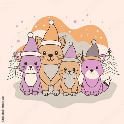 Cute cartoon cats wearing santa hats sitting together in a whimsical winter forest scene with snow and trees