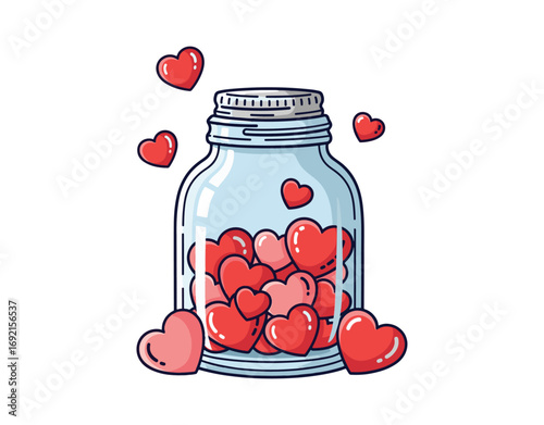 Adorable cartoon jar decorated with hearts on a white backdrop. A vector illustration in a flat style perfect for greeting cards, postcards, and banners. Ideal for Valentine's Day.

