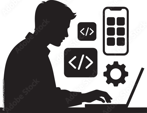 Software Engineer Silhouette with Mobile App and Coding Symbols on Transparent BG