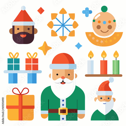 Collection of flat design christmas icons including santa claus gifts candles festive ornaments and stars