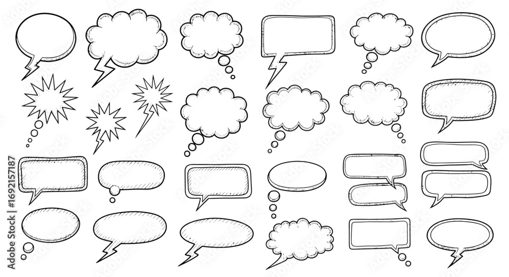 Obraz premium Diverse HandDrawn Speech Bubbles and Thought Clouds for Creative Designs.