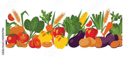 A decorative horizontal border featuring fresh, raw, ripe vegetables or recently harvested crops. It's a healthy food banner background. This design element showcases veggie food products.