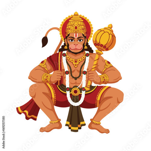 A vibrant flat 2D vector illustration depicts the revered Hindu deity Hanuman, richly adorned with intricate traditional ornaments and sparkling jewelry, set against a pristine plain white background.