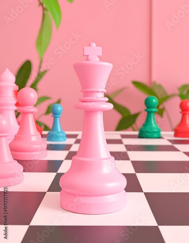 Pink chess king on checkered board, surrounded by colorful pieces