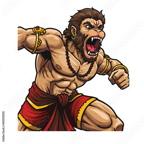 A dynamic 2D flat vector illustration portrays the powerful Hindu deity Hanuman roaring ferociously, radiating strength and divine energy against a pristine white background.