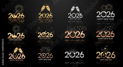 Elegant Happy New Year 2026 logo collection with gold and silver designs featuring fireworks and champagne glasses.