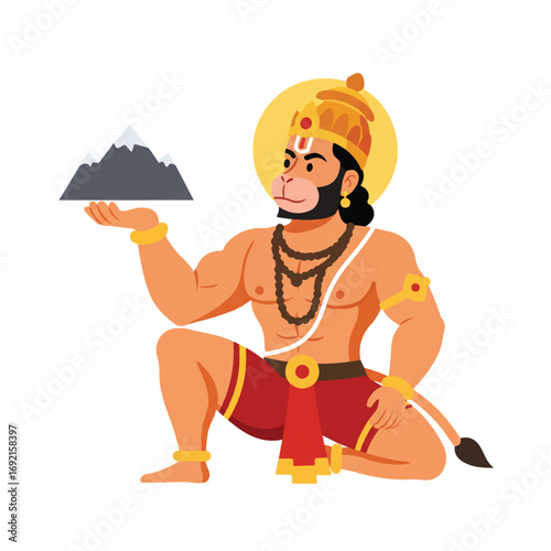 Flat 2D vector illustration of the Hindu deity Hanuman, revered in the Ramayana, powerfully holding a tiny mountain against a plain white background.
