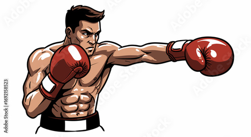 A boxer throws a punch wearing red gloves  a black belt Muscular build