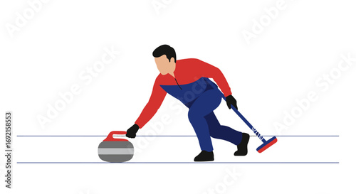 A curler releases a stone while holding a brush on a blue lined surface
