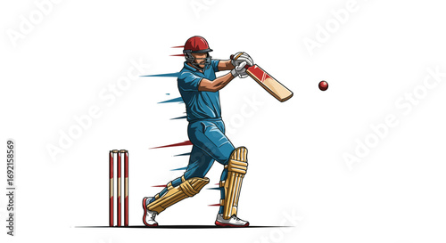 A cricketer in action hitting the ball with a bat near the wicket against a white background