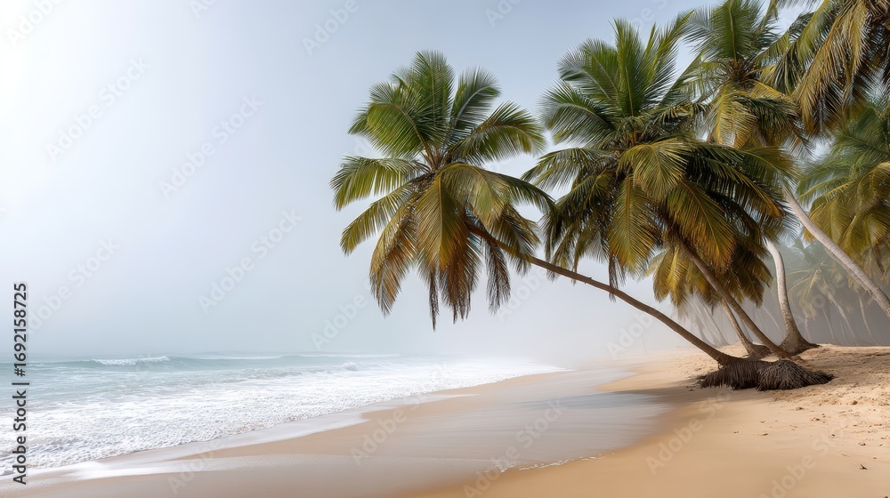 Fototapeta premium A foggy sunrise reflecting on wet sand at a mystical beach, coconut trees, wide-angle shot, soft glow on the horizon, gentle waves coming in, dreamlike escape mood, fine art nature photography