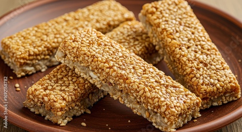 Healthy Sesame Bars on Wooden Plate for Natural Snack and Culinary Inspiration