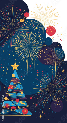 Festive Christmas Tree and Fireworks Celebration in the Night Sky.