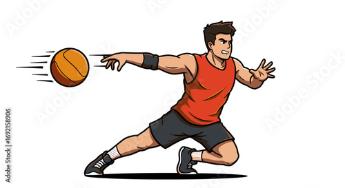 A man in a tank top lunges for a basketball with motion lines on a white background