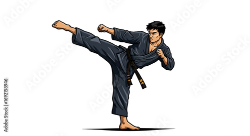 A man in karate garb with a black belt is in a high kick stance