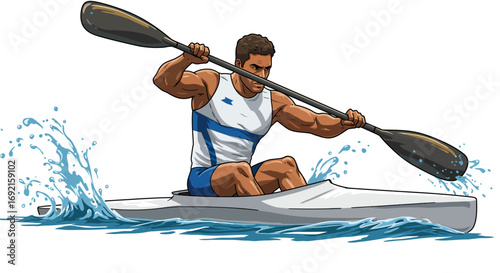 A muscular man in a kayak paddling with a doublebladed paddle