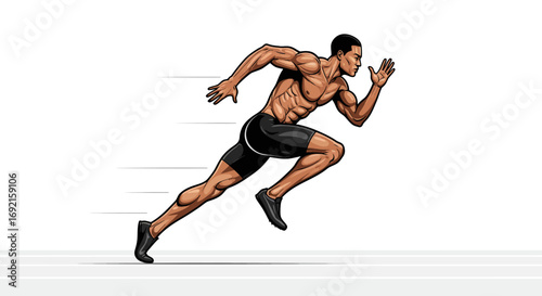 A muscular tanskinned man in a black running outfit sprints across a track Motion lines indicate rapid speed