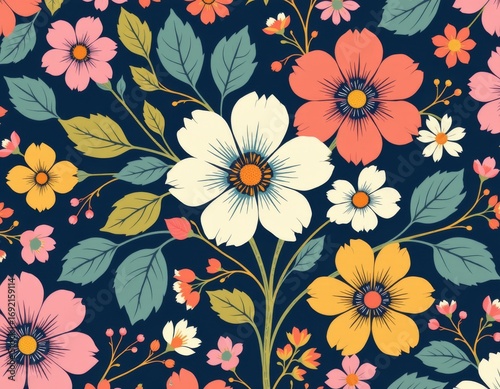 Wallpaper Mural The image features a vibrant floral pattern with various large and small flowers in shades of white, yellow, pink, and orange Torontodigital.ca