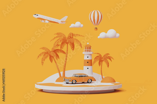 Tropical Paradise Island Getaway with Lighthouse, Vintage Car, Airplane, and Hot Air Balloon - Summer Vacation Concept