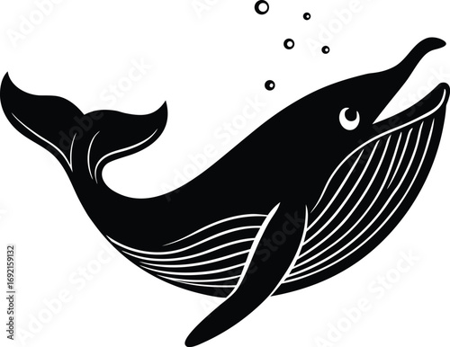 Black and White Illustration of a Whale with Bubbles Underwater on white background