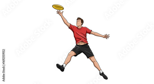 A person wearing athletic clothes jumping to catch a yellow disc in the air