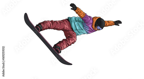 A snowboarder in action midjump wearing winter gear and gloves