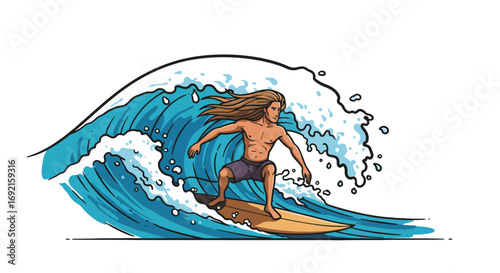 A surfer with long hair rides a blue cartoon wave on a yellow board