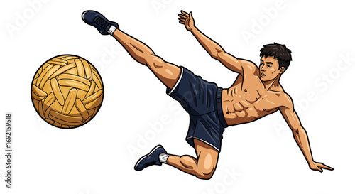 Athlete kicking a rattan ball airborne with outstretched arms and leg