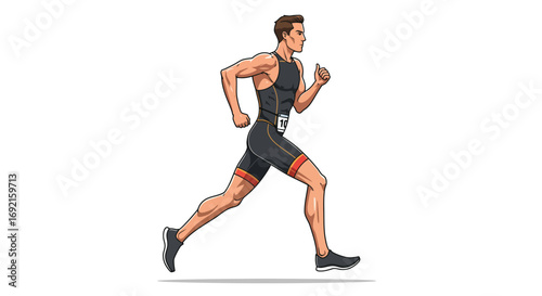 Cartoon athlete in a gray and black racing suit is running