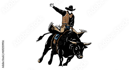 Cowboy riding a bucking bull waving one hand up