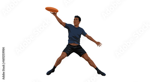 Figure catches a disc midair arms spread legs apart wearing shorts and shirt