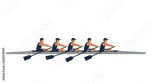 Five rowers in a boat propelling it forward with oars