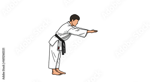 Man in martial arts uniform bowing hands extended