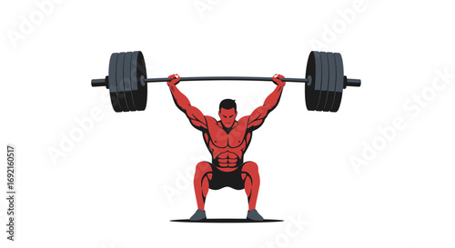 Red muscular figure squats holding barbell overhead black shorts shoes